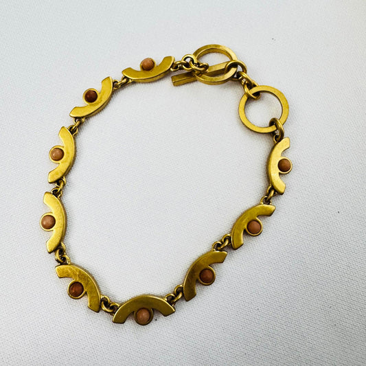 Vintage Gold Tone Bracelet Coral Cabochon Accents Modernist Link 7.5” Jewelry