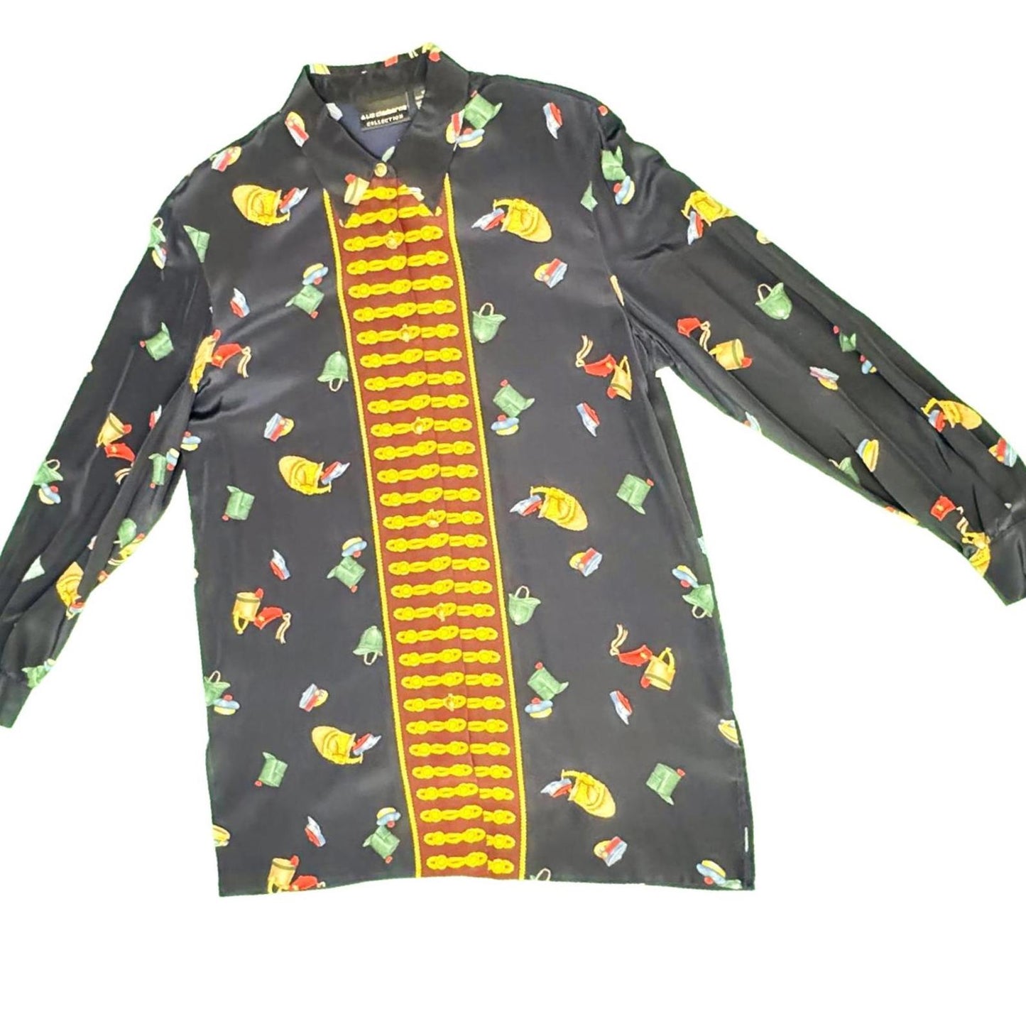Liz Claiborne Collection Vintage Print Shirt  Black M Fun Pattern 100% Silk