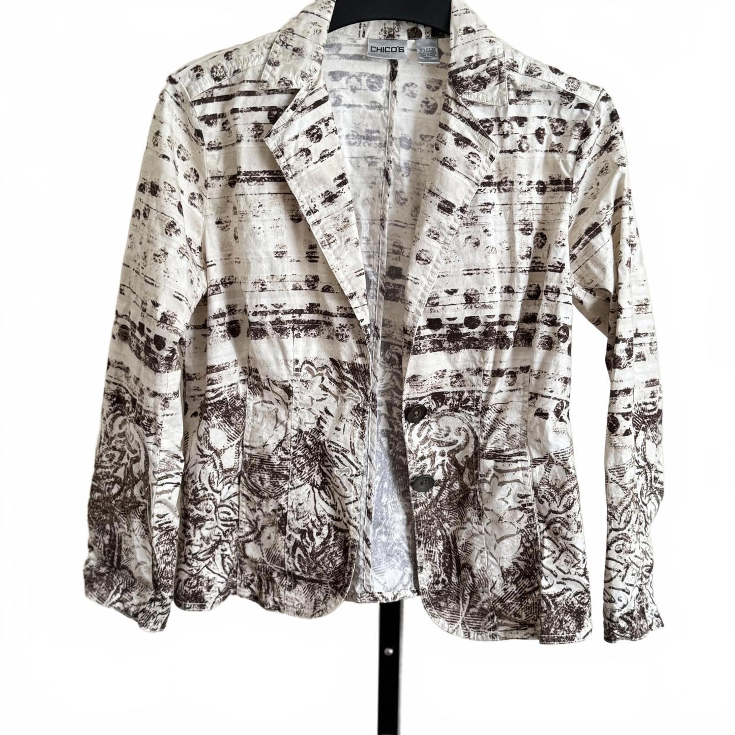 Chico’s Jacket Size Brown White Abstract Print Button Front Cotton Stretch