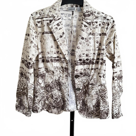 Chico’s Jacket Size Brown White Abstract Print Button Front Cotton Stretch