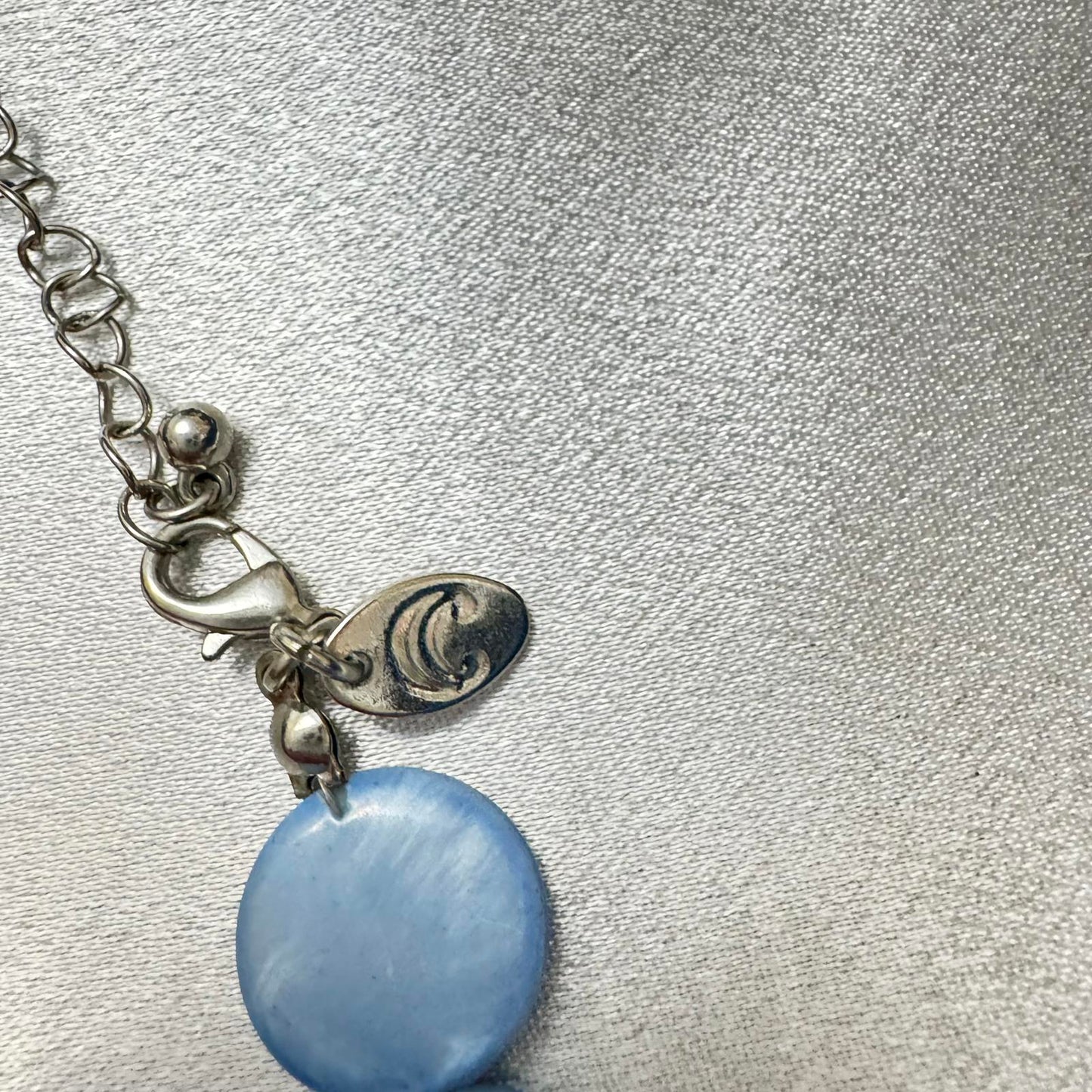 Charming Charlie's Signed Light Blue Shell Disc Necklace BoHo Resort Statement