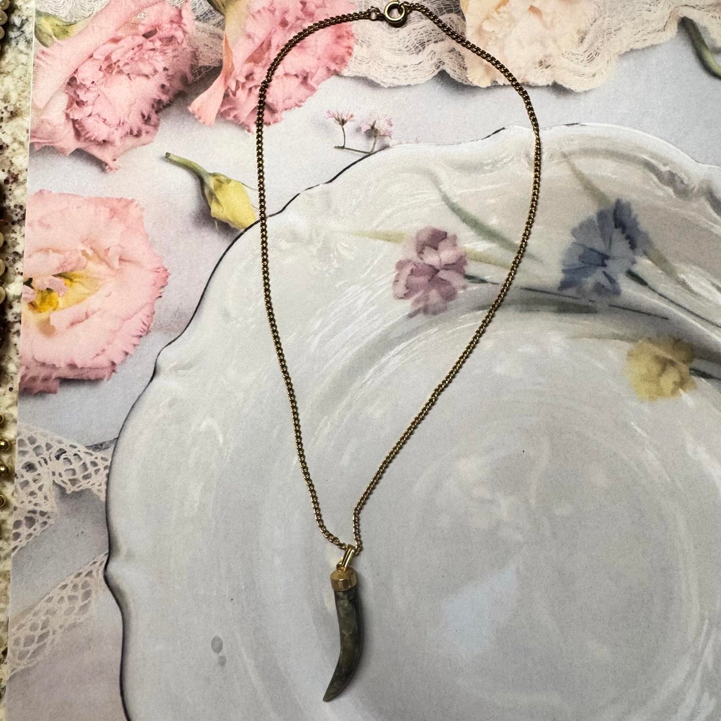 Vintage Green Natural Stone Pendant Necklace with Brass Accents