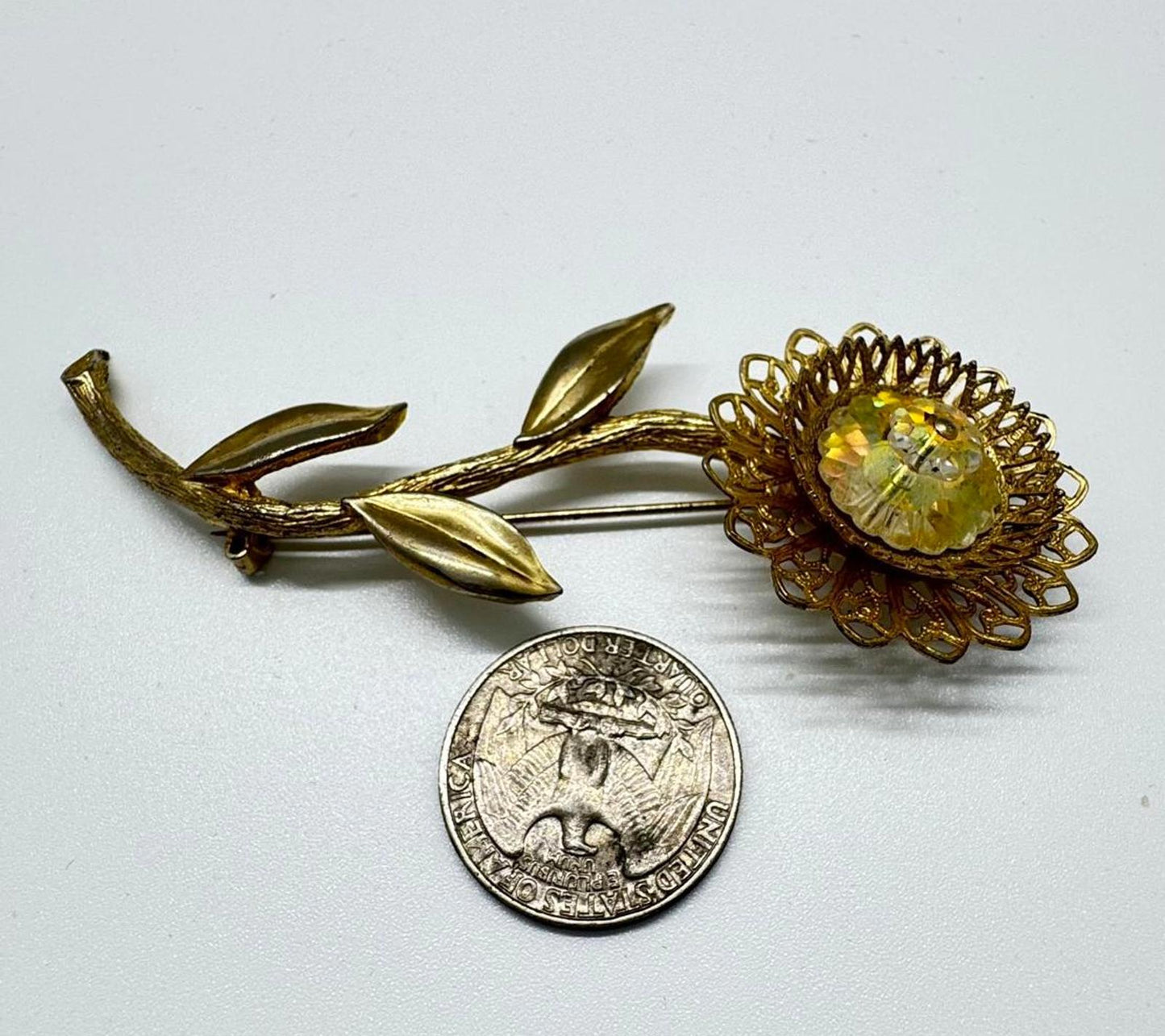 Vintage Gold Flower Brooch with Yellow Center Trendy Statement Piece