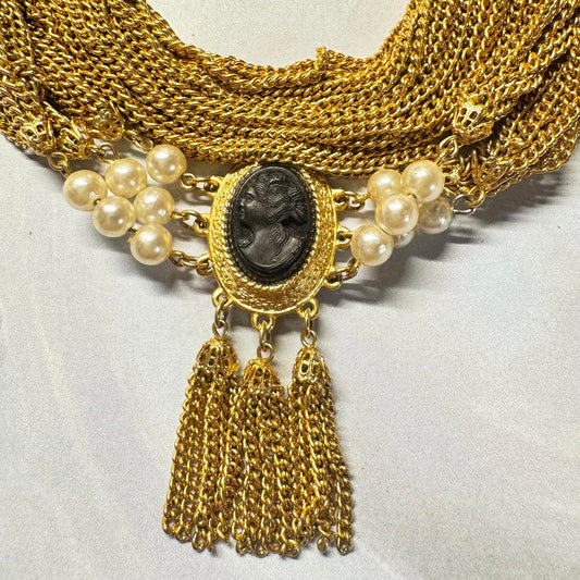 Vintage Cameo Elegant Multi-Layer Gold Tone Chain Necklace with Faux Pearls