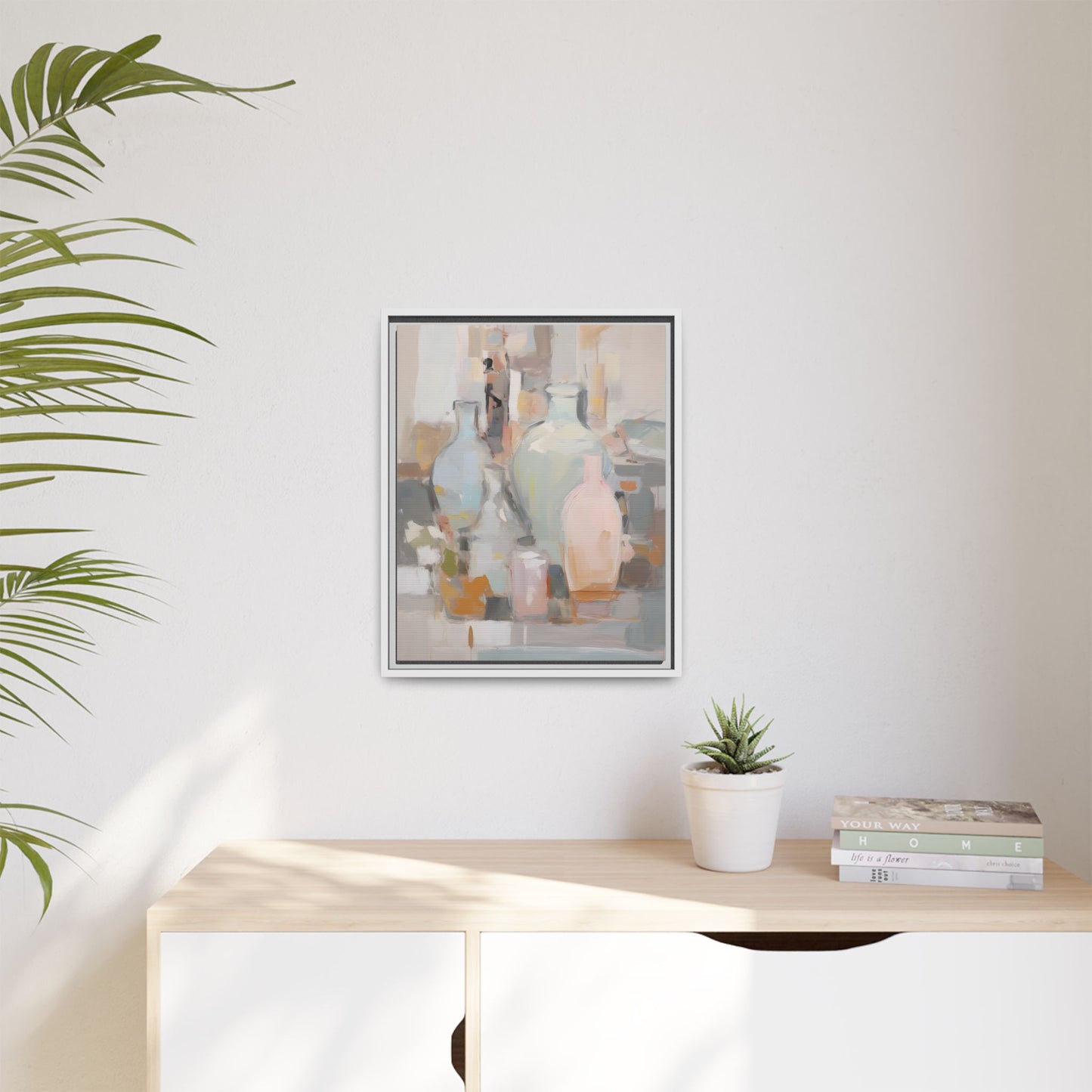 Modern Abstract Still Life Wall Art – Colorful Framed Canvas with Blue, Pink & Terracotta Bottles