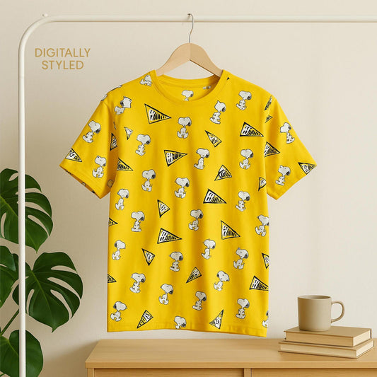 H&M Peanuts Snoopy T-Shirt Yellow Size L Graphic Tee Cartoon Logo Fun
