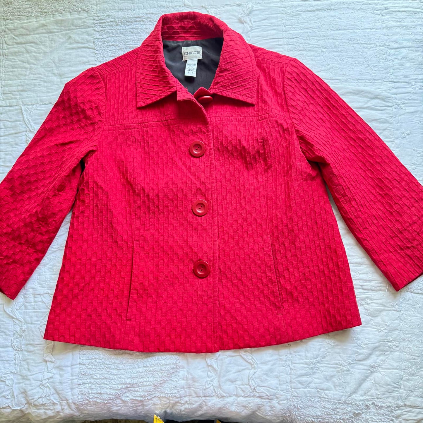 Chico's Red Textured Cotton/Poly Blend 3/4 Sleeve Jacket - Size 0 Small