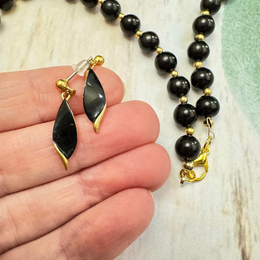 Vintage Black Glass and Gold-Tone Beaded Necklace with Coordinating Earrings