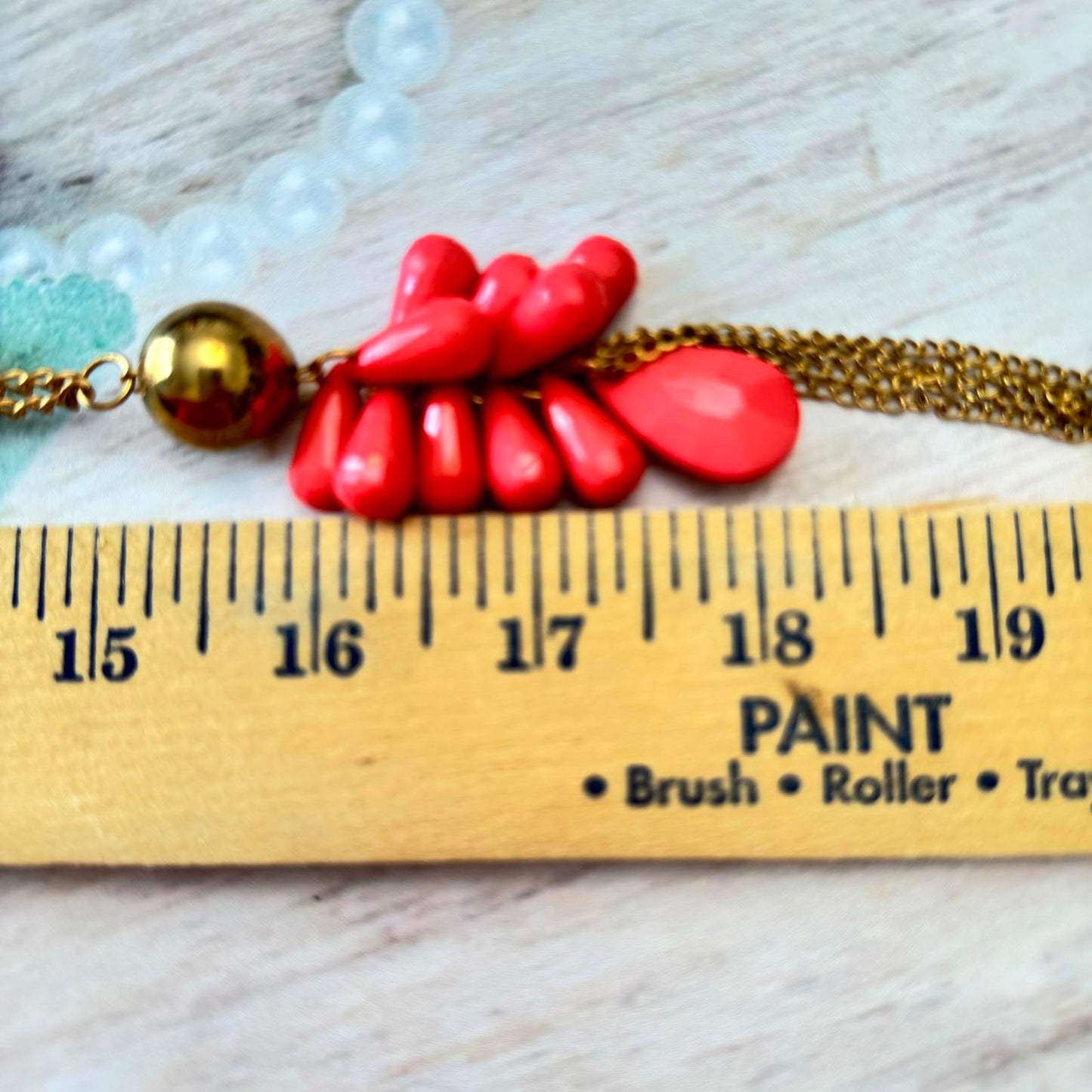 Coral Color Long Statement Necklace w/ Tassel and Leaf Charms & Co/ Bracelet