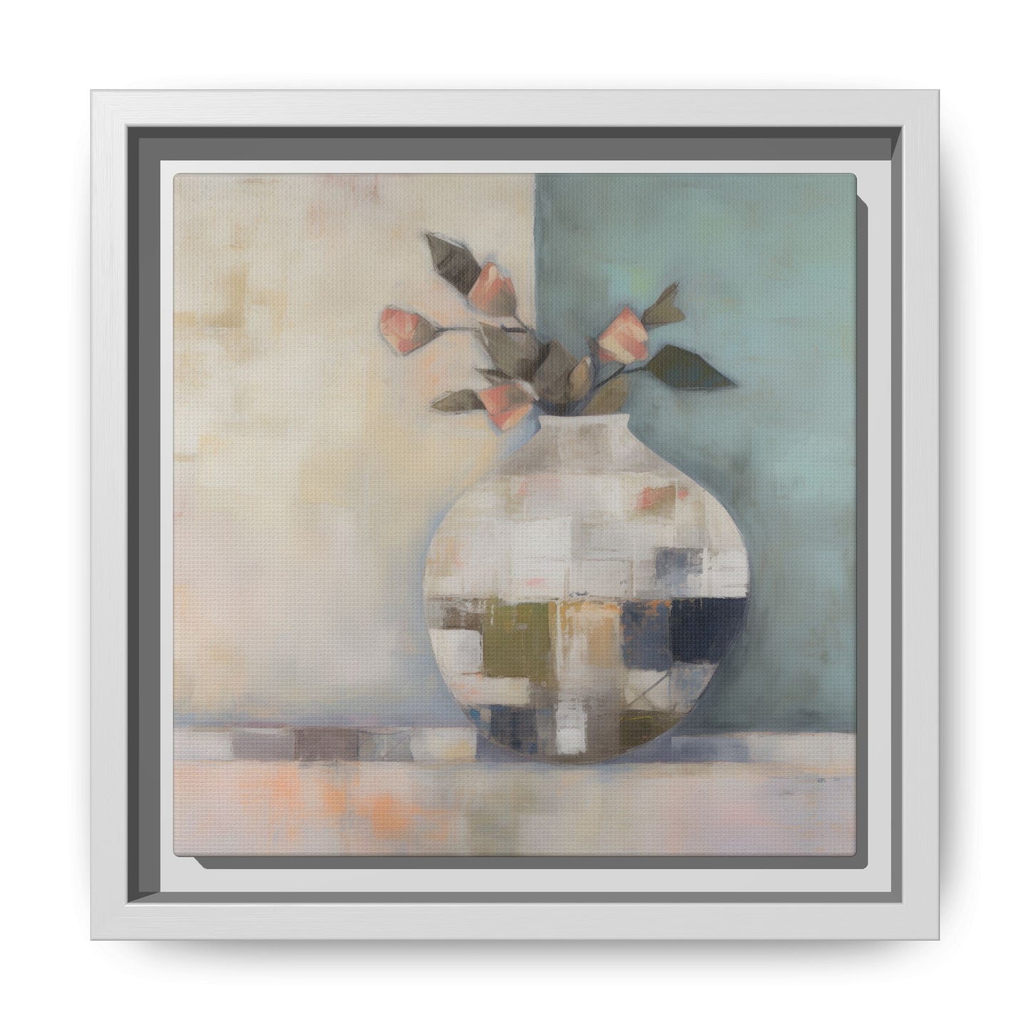 Geometric Floral Still Life Wall Art – Framed Abstract Canvas with Vase and Blush Pink Buds