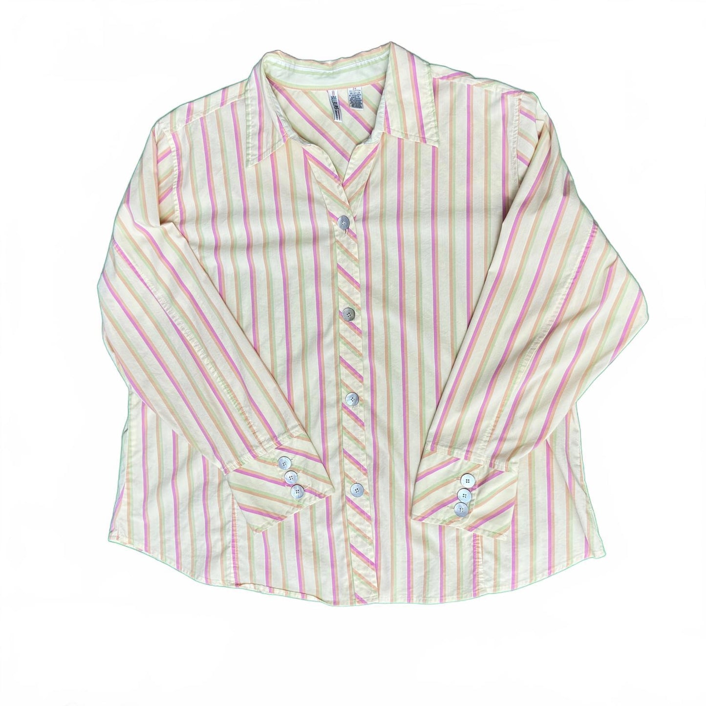 VTG Bill Blass Striped Button-Up Shirt Women’s 2X Pastel Cotton Long Sleeve Top