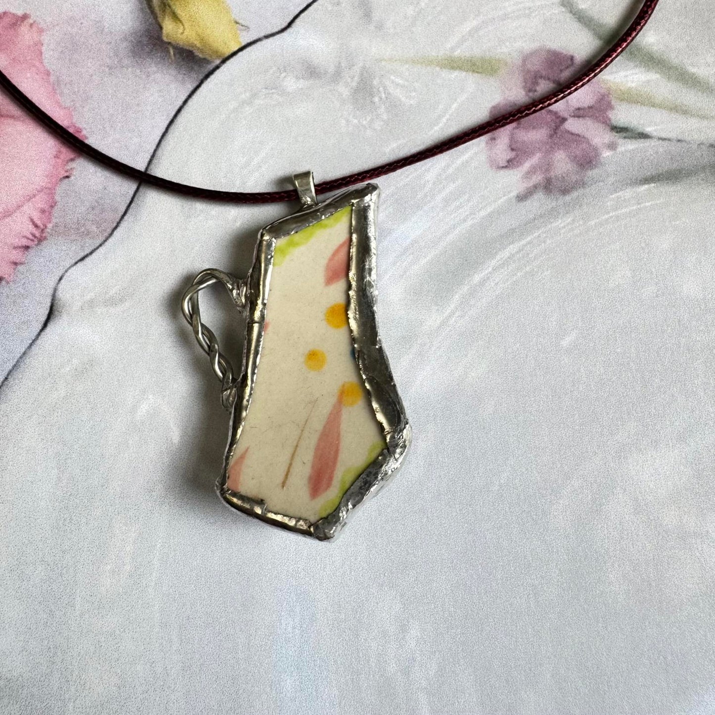 Broken China Teapot Shape Handmade Floral Pendant