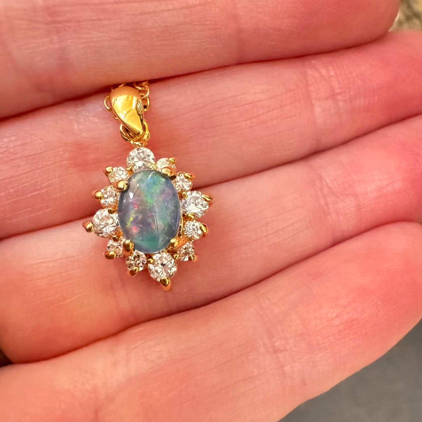 Signed SWK-E Faux Opal Pendant Necklace – Gold Tone, Vintage Style Sparkle Chain