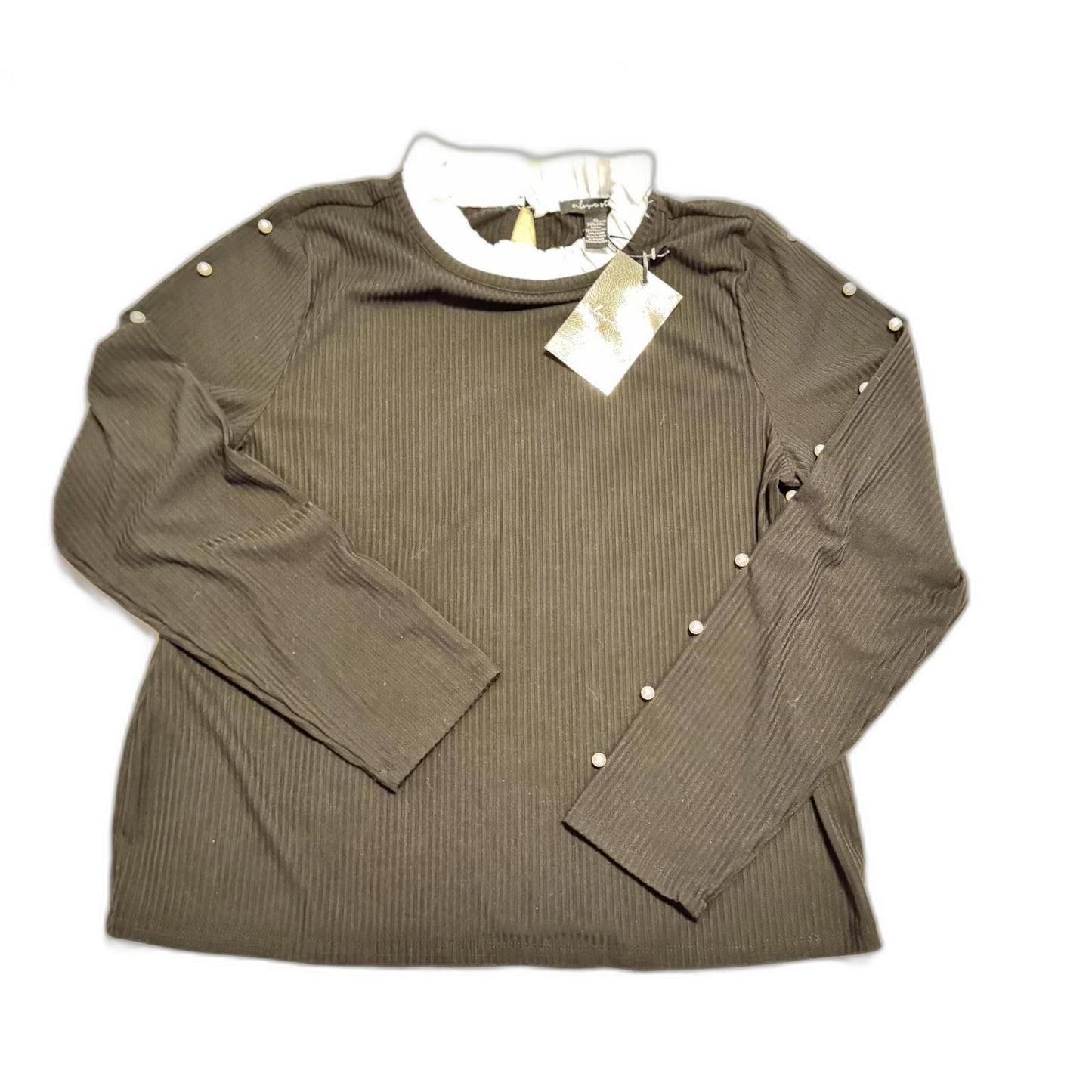 Black Ribbed Long Sleeve Top with Pearl Accents and White Collar NWT