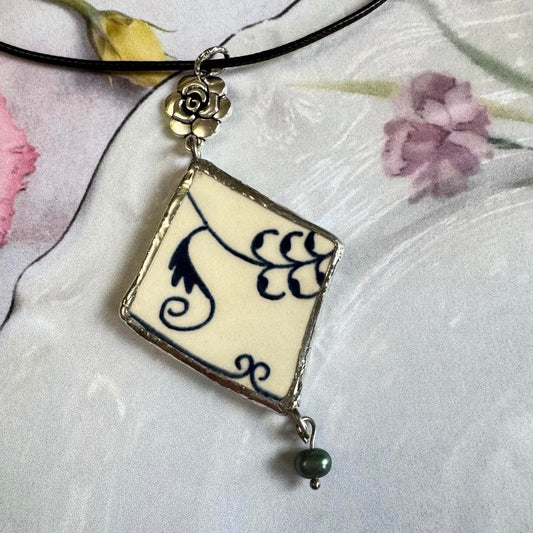 Handmade Broken China Pendant Necklace – Blue Floral Scroll, Rose Charm