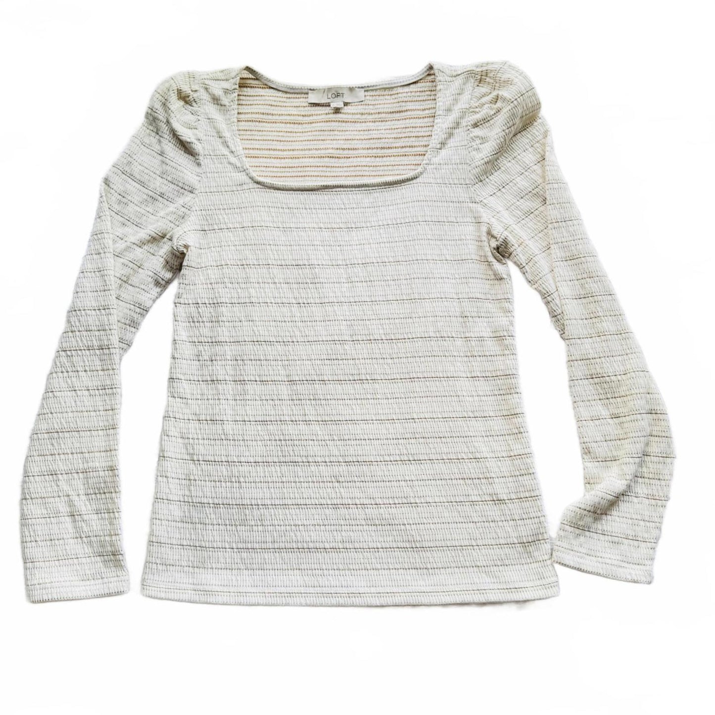 LOFT Square Neck Top Women’s M Beige White Long Sleeve Puff Shoulder Knit