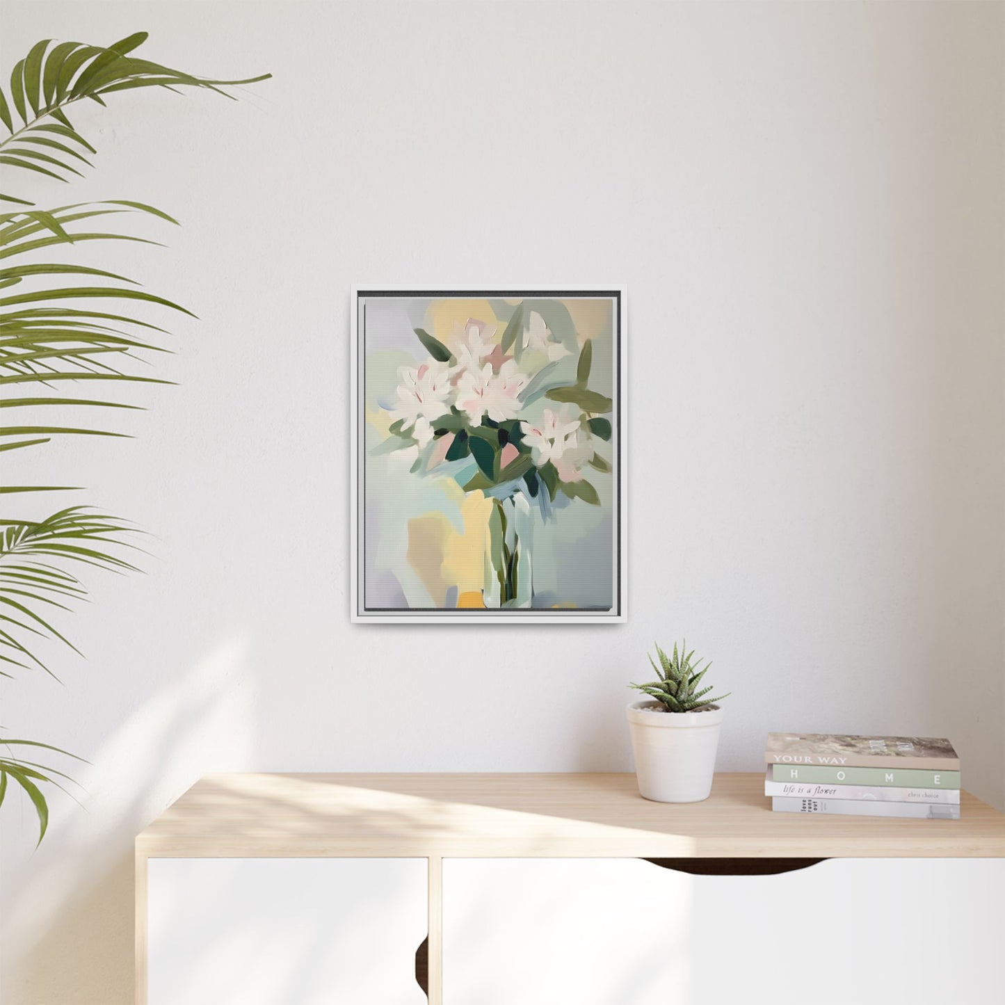 Soft Abstract Floral Wall Art – Framed Modern Canvas with White Flowers in Green Vase