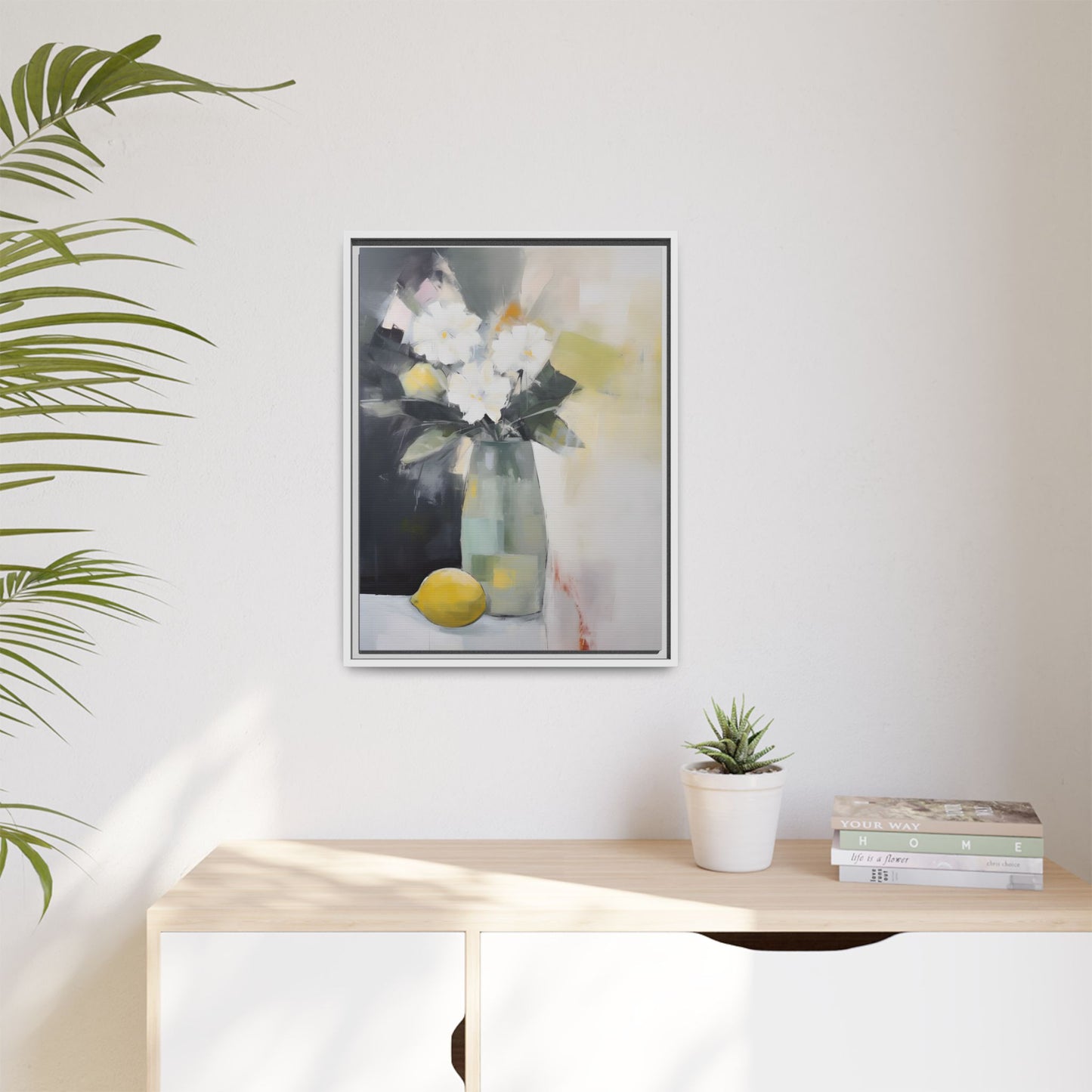 Modern Floral Still Life Wall Art – Framed Canvas with White Flowers and Lemon in Soft Green Vase