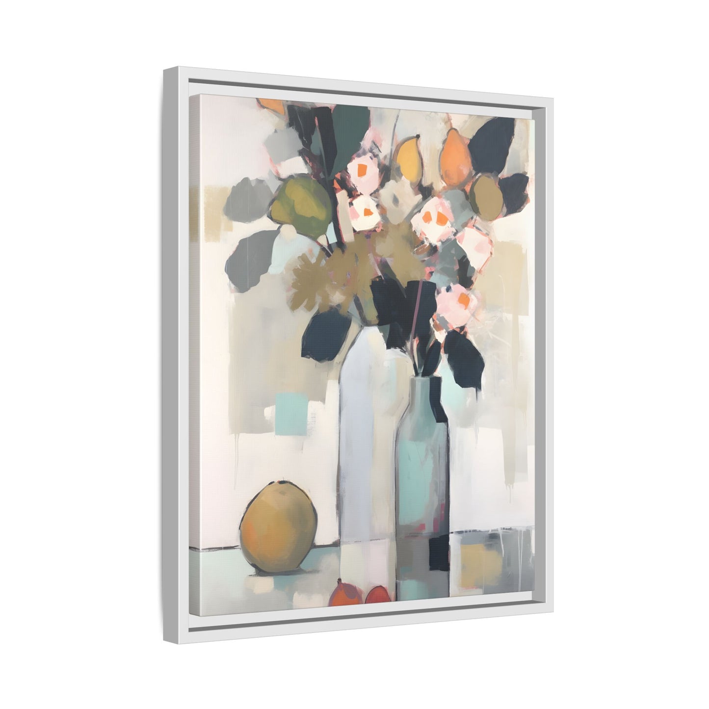 Modern Floral Still Life Wall Art – Framed Canvas with Bold Leaves and Citrus in Vase
