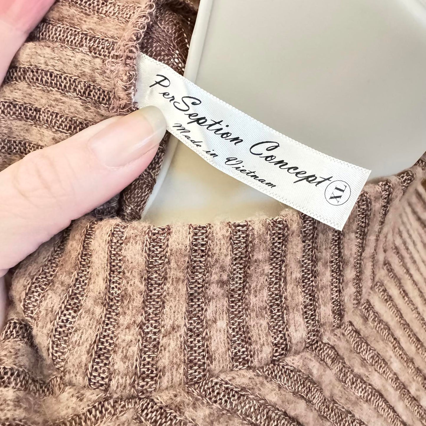 Perception Ribbed Sweater XL Mocha Brown Mock Neck Sleeve Buttons Lightweight