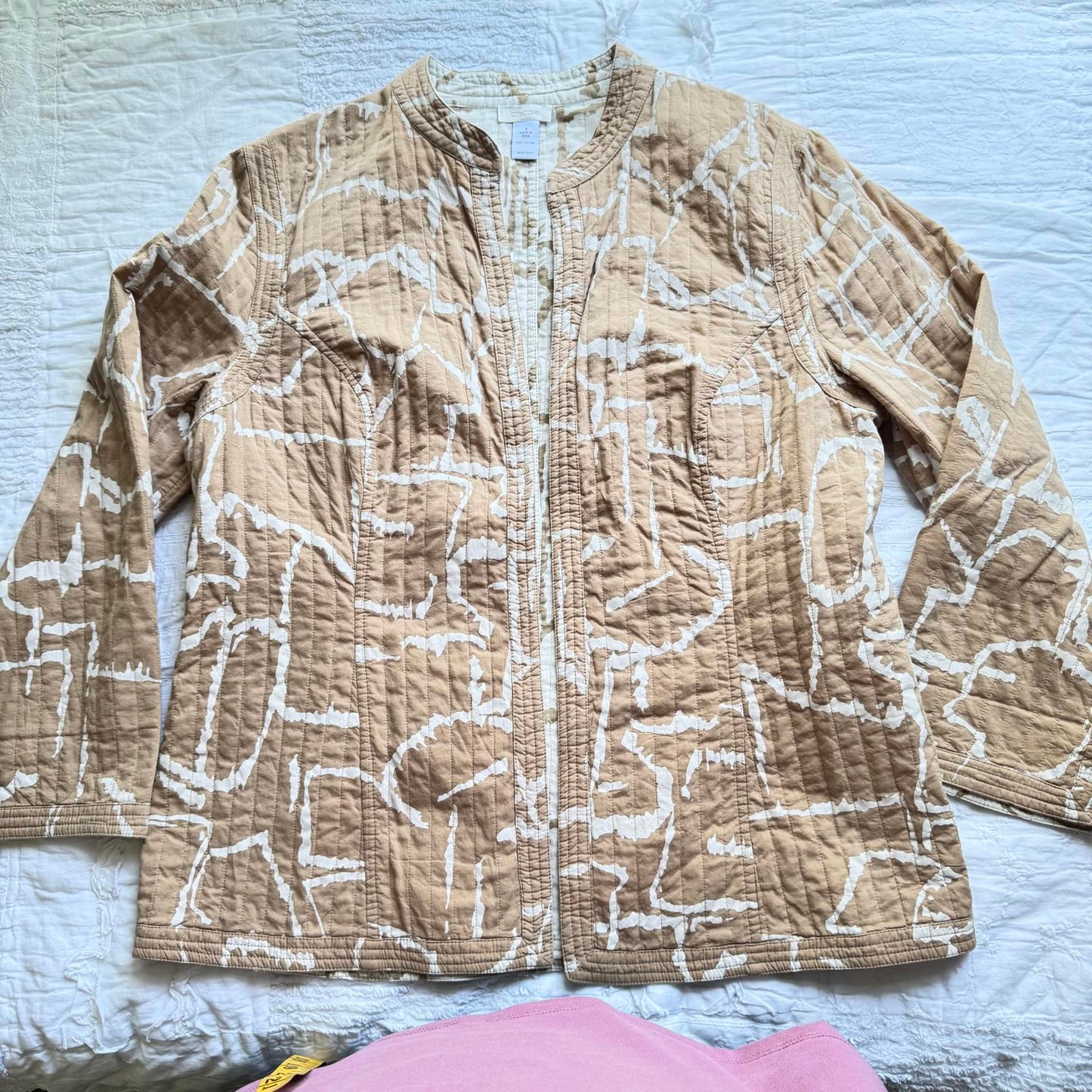 Chico's 100% Cotton Quilted Jacket in Tan with White Pattern Size 1 (S/M)
