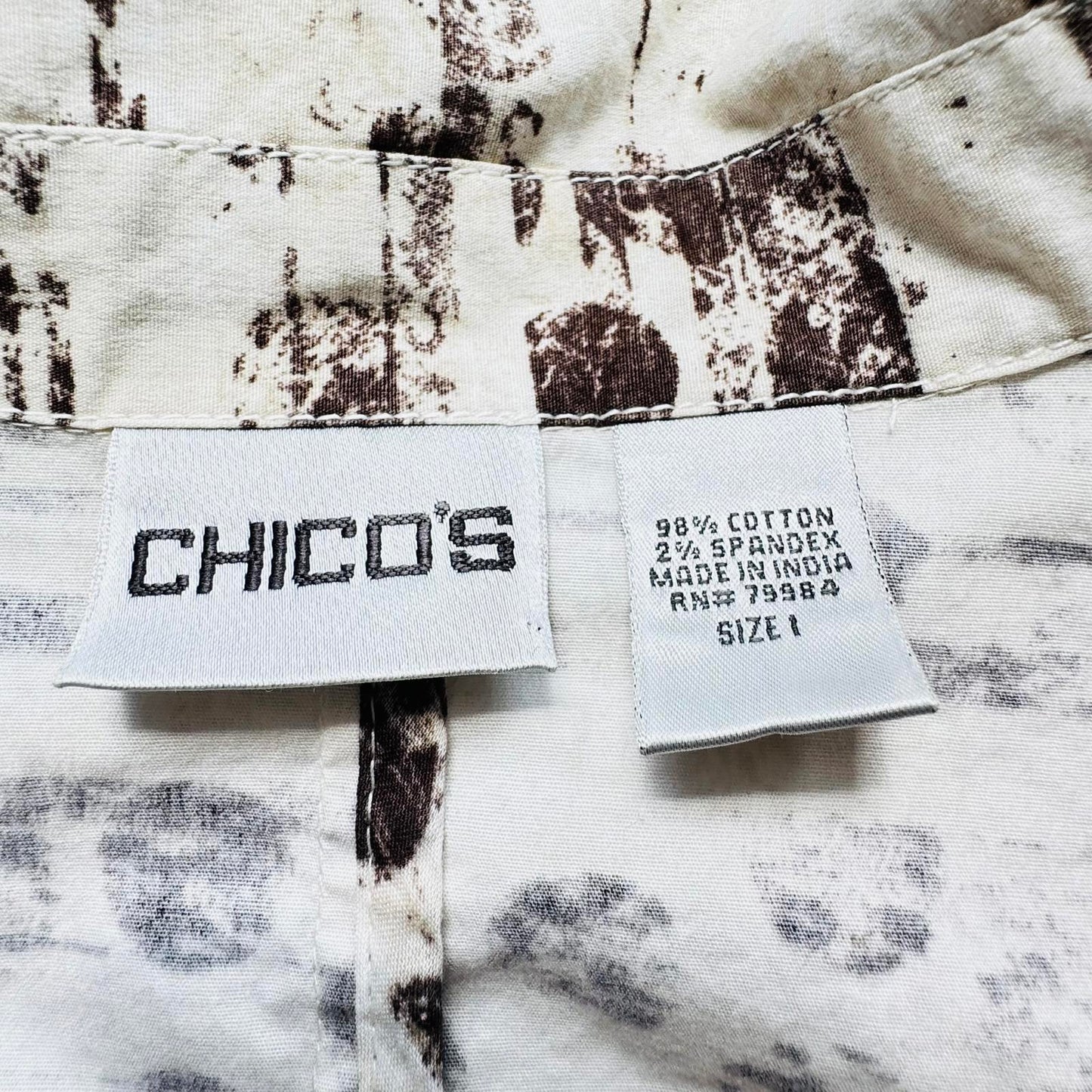 Chico’s Jacket Size Brown White Abstract Print Button Front Cotton Stretch
