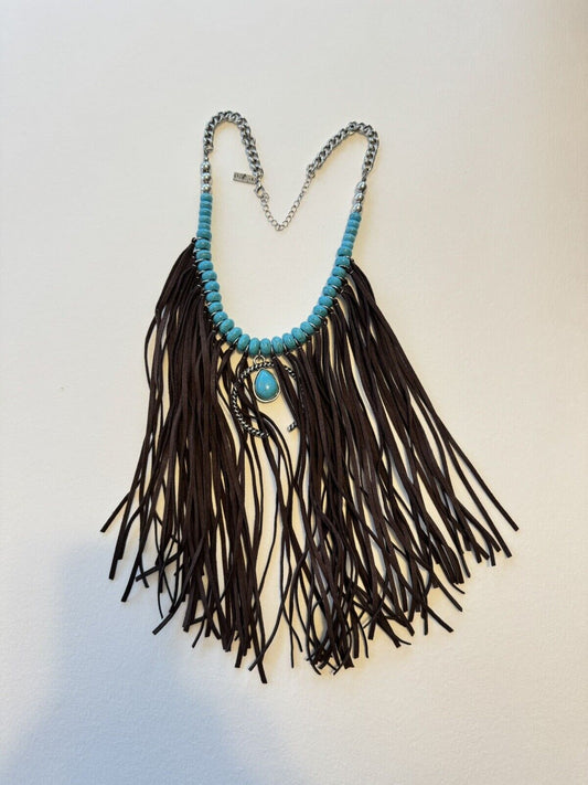 Boho Statement Necklace With Turquoise Color Beads And Faux Suade