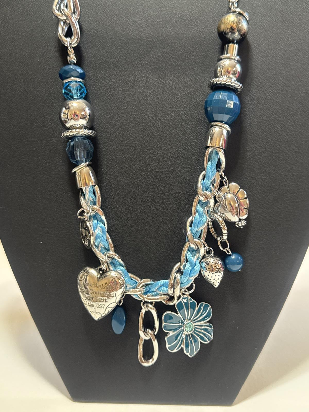 Silver-Tone Blue Charm Necklace – Braided Chain Faith & Floral Pendant Jewelry