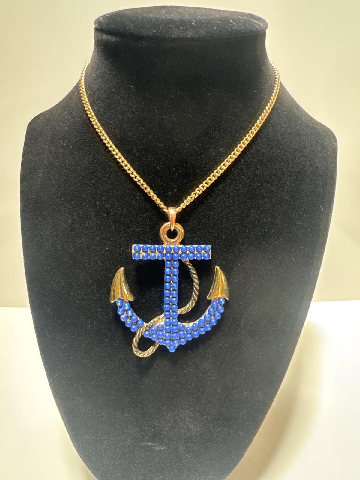 Beautiful Blue Anchor Nautical Necklace with Gold Tone Accents Spring Wardrobe 