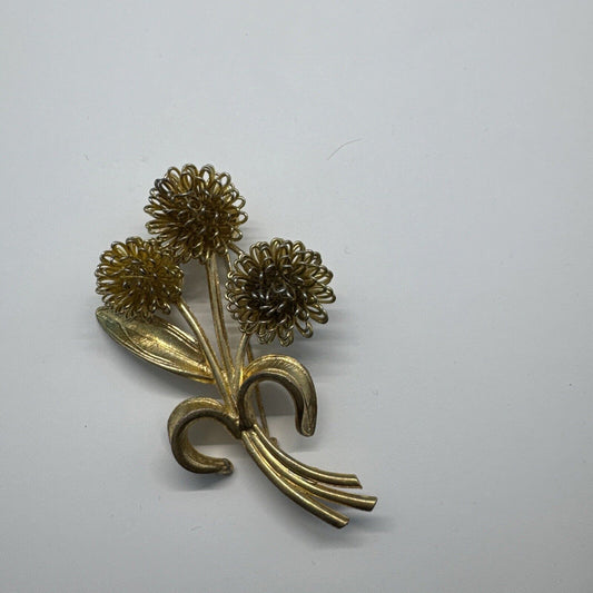Vtg 3" Yellow Fall Mums Flower Bouquet Brooch Gold Tone Large