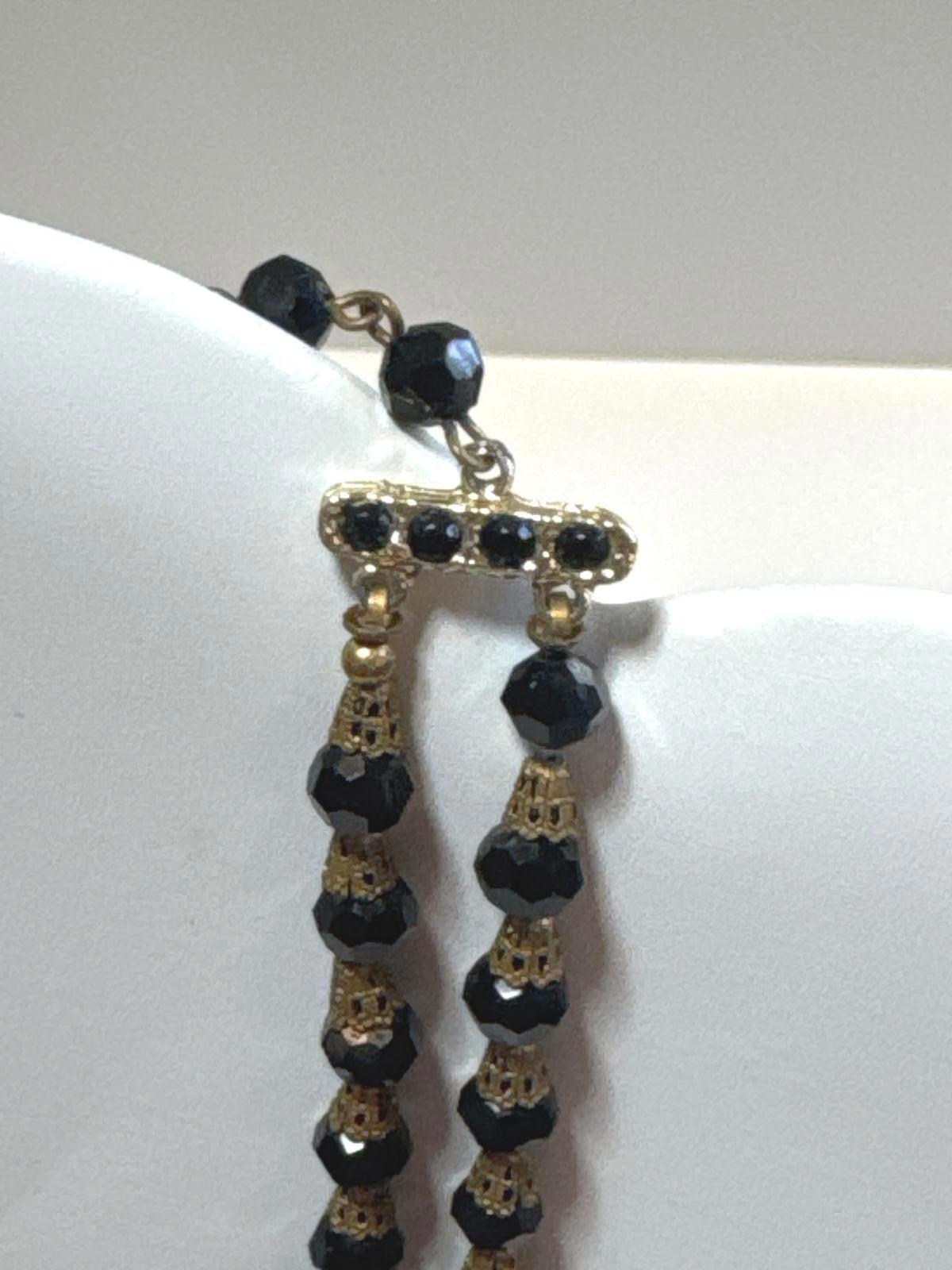 Vintage Black Faceted Bead Necklace – Double Strand Gold-Tone Statement Jewelry