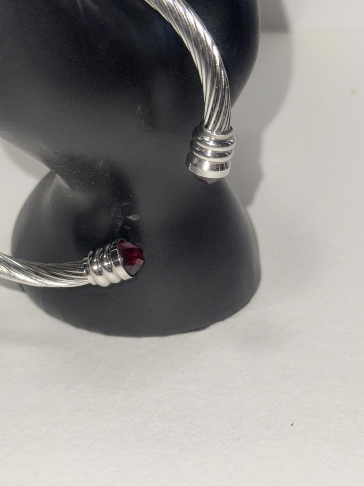 Stylish Stainless Silver Tone Wire Cuff Bracelet with Red Gem Accents