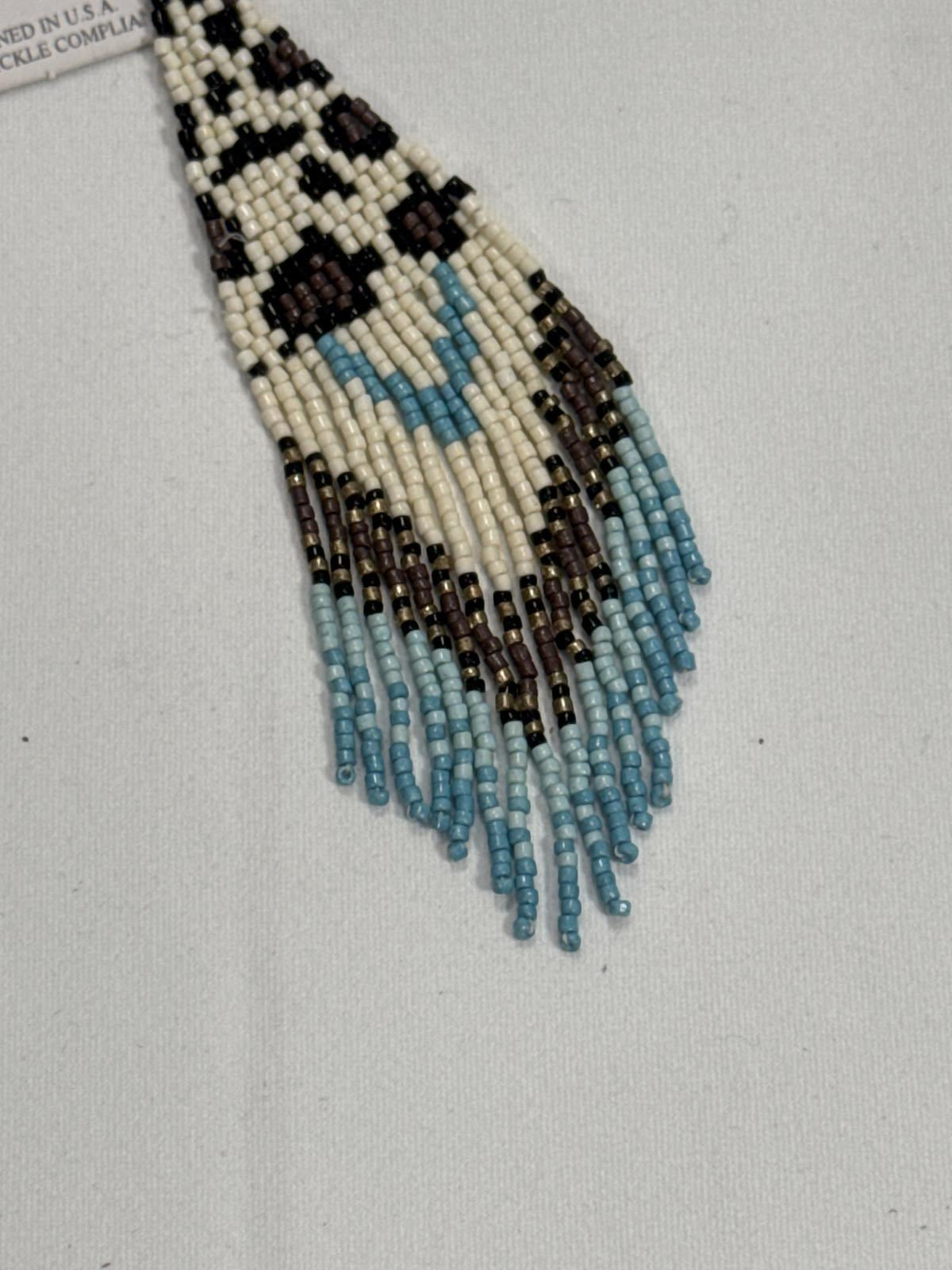 Beaded Fringe Earrings Blue, Brown and Cream BoHo style NWT