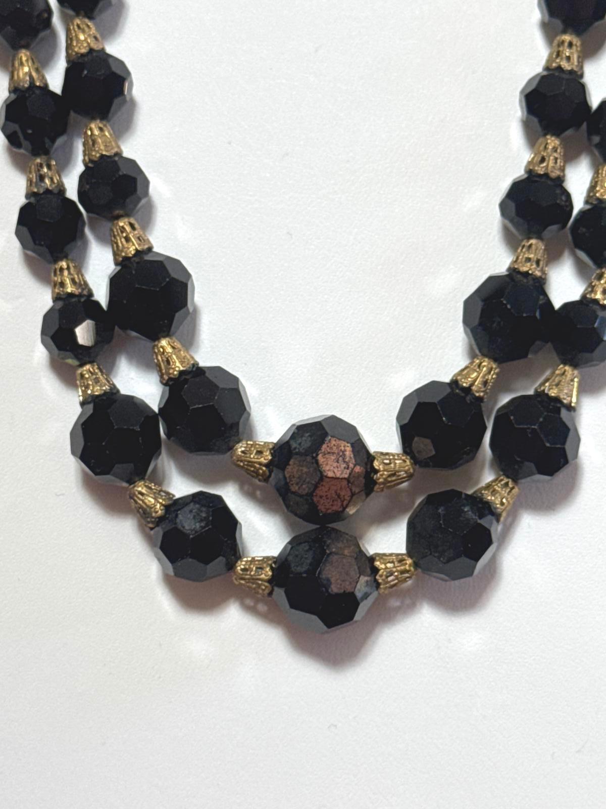 Vintage Black Faceted Bead Necklace – Double Strand Gold-Tone Statement Jewelry