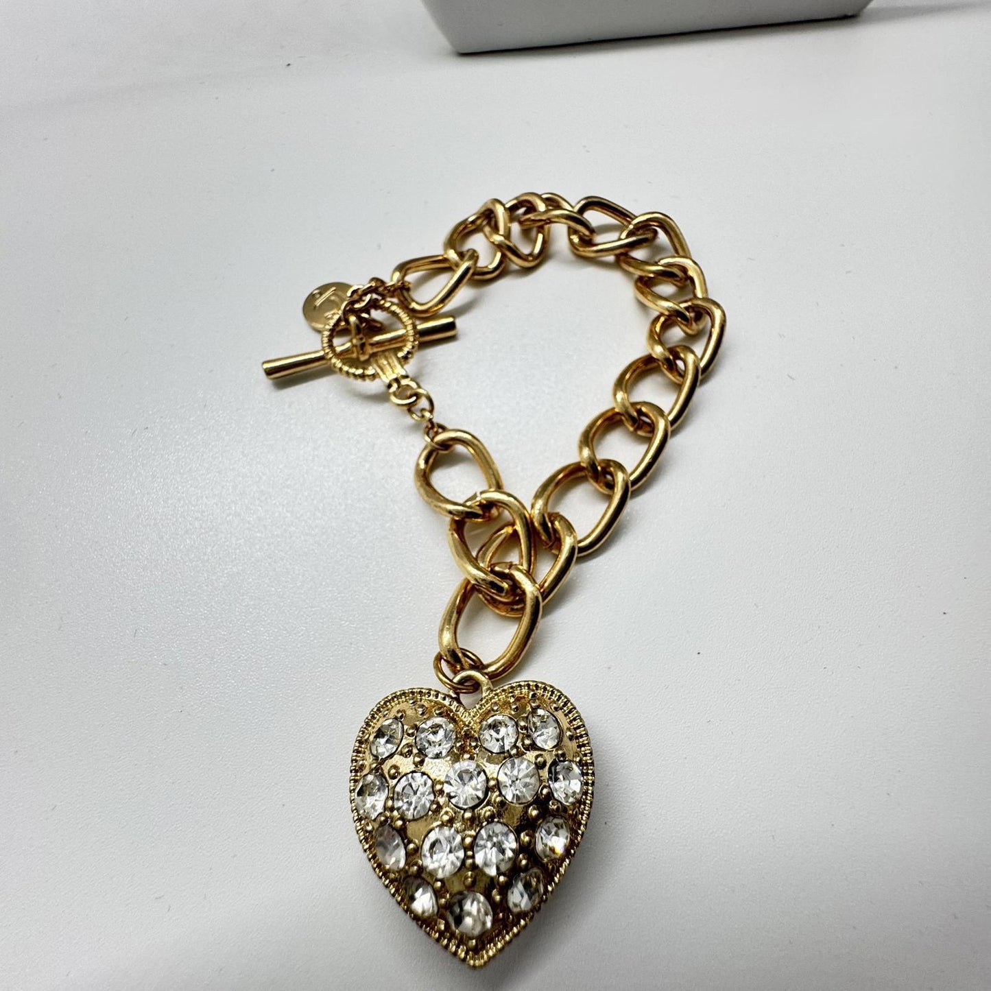 Liz Claiborne Gold-Tone Heart Charm Bracelet – Rhinestone Pave Toggle Clasp