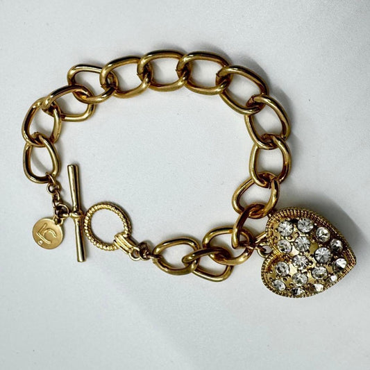 Liz Claiborne Gold-Tone Heart Charm Bracelet – Rhinestone Pave Toggle Chain