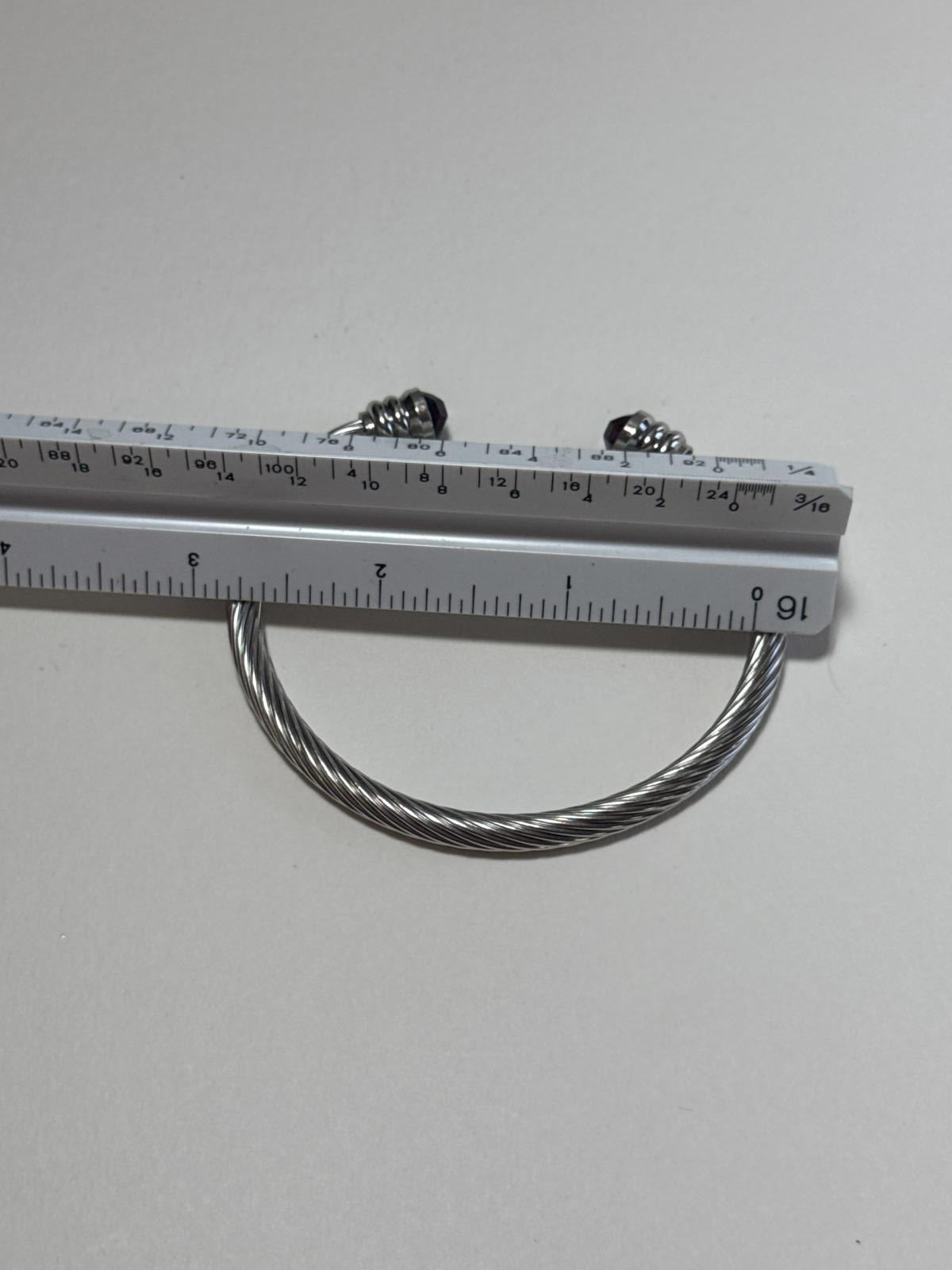 Stylish Stainless Silver Tone Wire Cuff Bracelet with Red Gem Accents