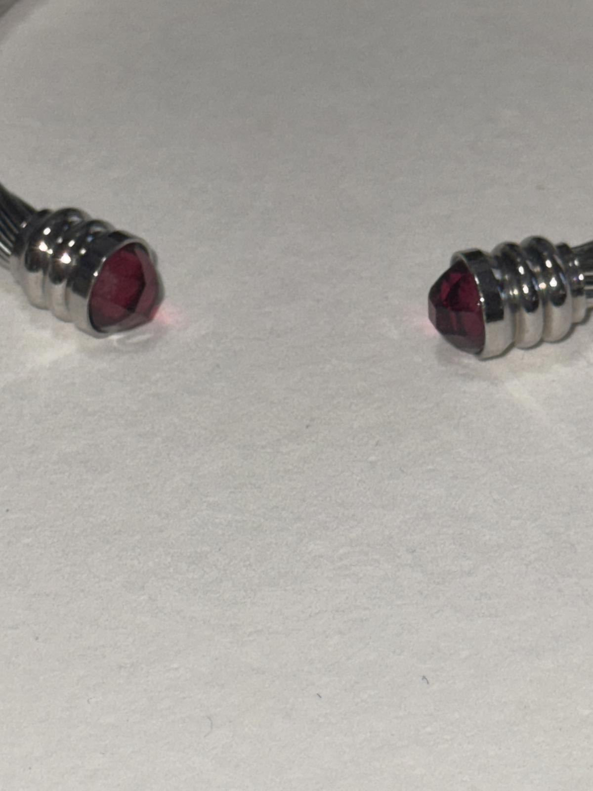 Stylish Stainless Silver Tone Wire Cuff Bracelet with Red Gem Accents