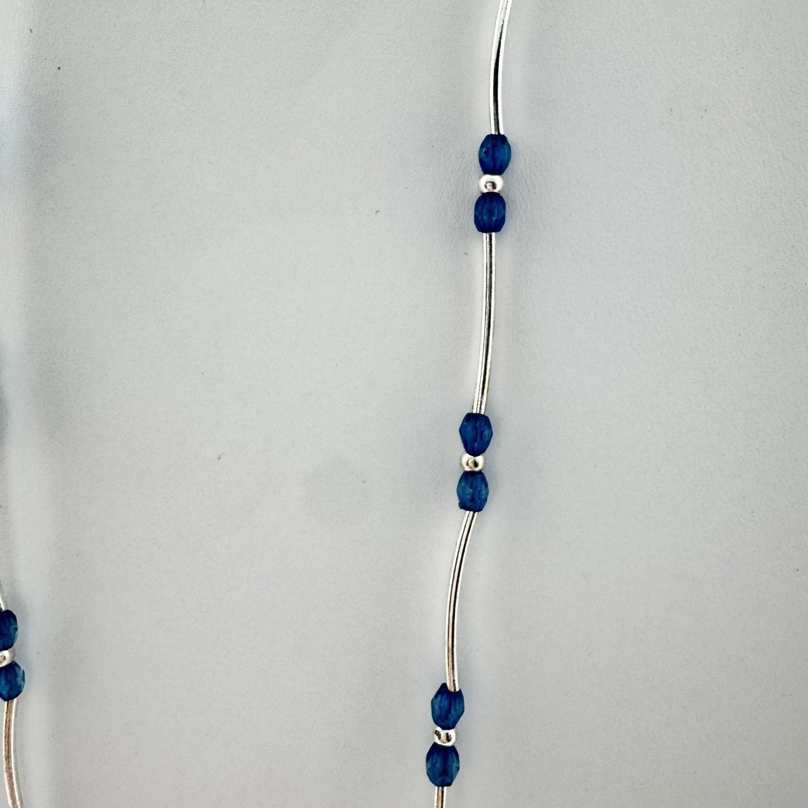 Signed Elegant Blue Beaded Necklace with Silver Tone Pendant BoHo Artisan VTG