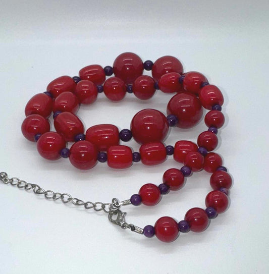 Vintage Red & Purple Beaded Statement Necklace Chunky Bold Retro Jewelry 14”