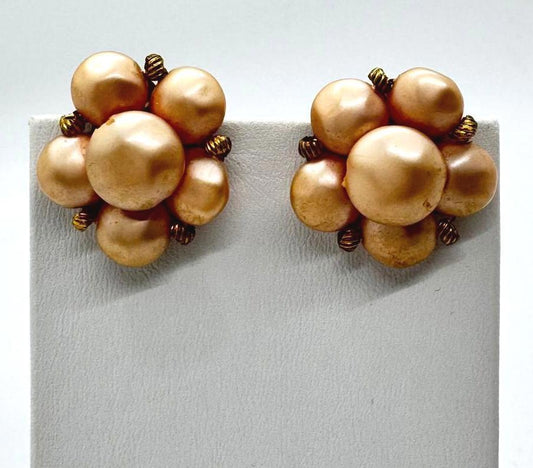 Vintage Gold-Tone Cluster Clip-On Earrings – Faux Pearl Beaded Statement Jewelry