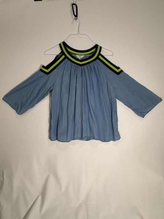 Stylish Cold Shoulder Top by Crown & Ivy - Light Blue with Neon Accents Size L