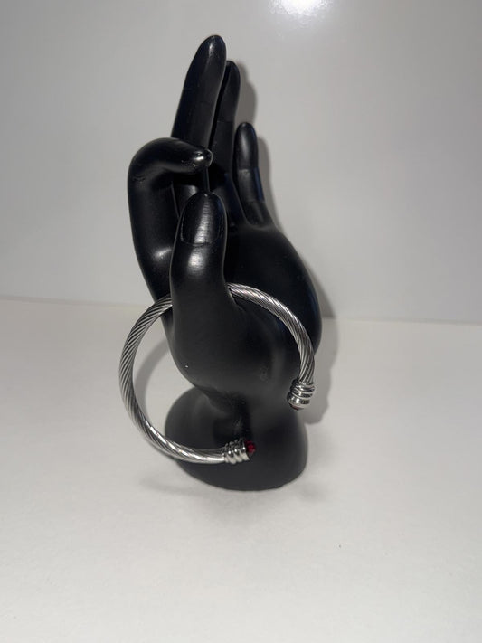 Stylish Stainless Silver Tone Wire Cuff Bracelet with Red Gem Accents