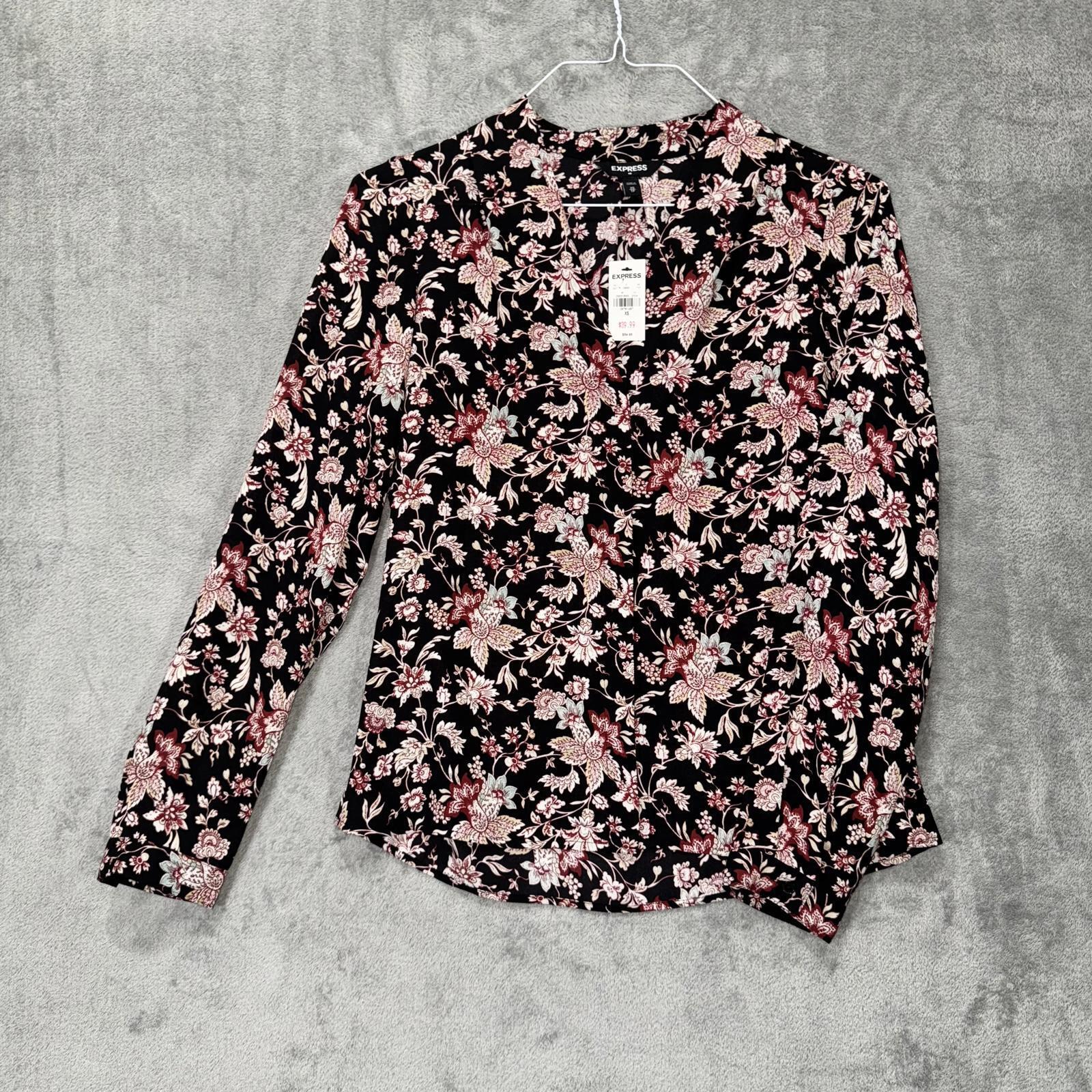 Express Black Floral Button-Up Blouse – Long Sleeve, Women's Size XS