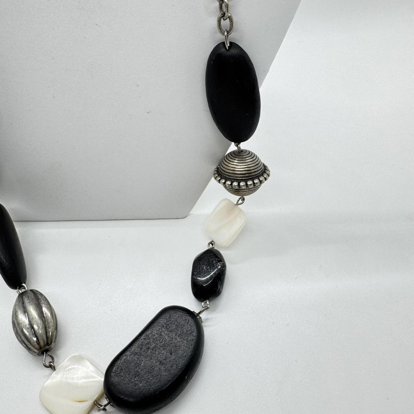 Black & White Mixed Bead Long Statement Necklace – Modern Boho Chunky Jewelry