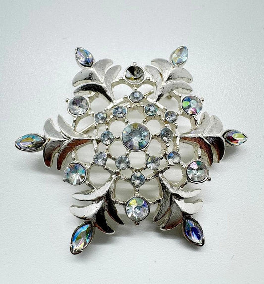 Vintage Silver-Tone Aurora Borealis Rhinestone Snowflake Brooch – Mid-Century