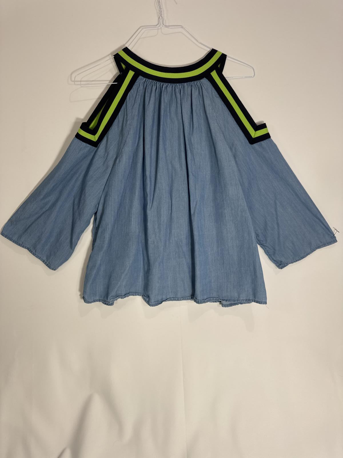 Stylish Cold Shoulder Top by Crown & Ivy - Light Blue with Neon Accents Size L