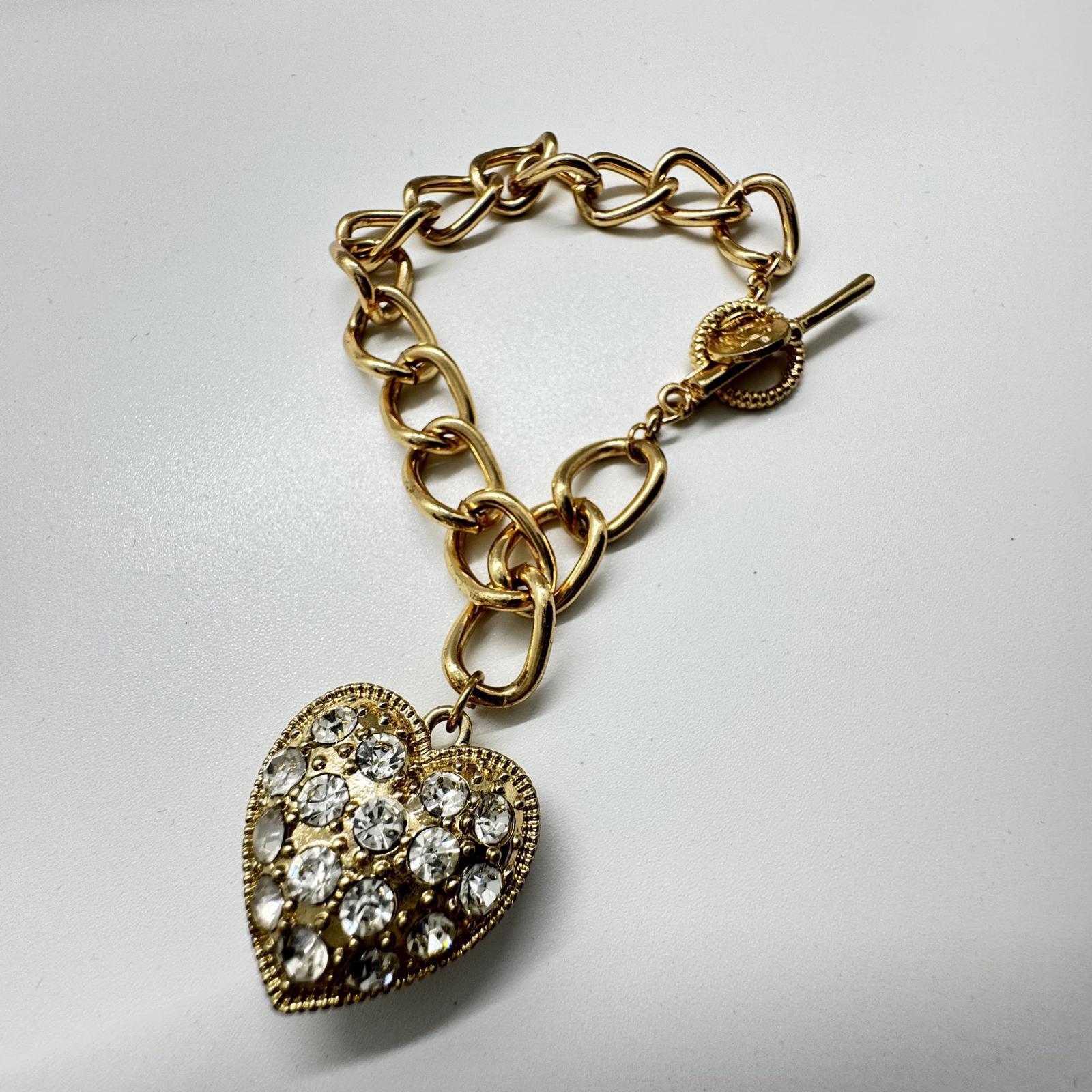 Liz Claiborne Gold-Tone Heart Charm Bracelet – Rhinestone Pave Toggle Clasp