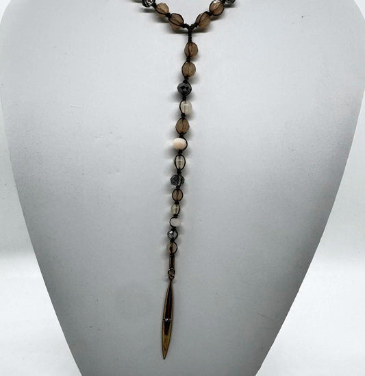 Vintage Bronze-Tone Y Lariat Necklace – Beaded Dangle Pendant Boho Jewelry