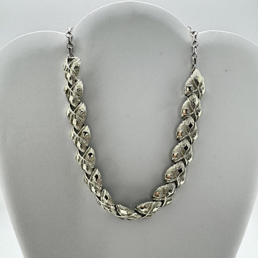 Vintage Silver-Tone Leaf Link Necklace – Art Deco Filigree Choker, Adjustable